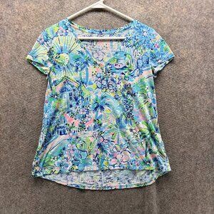 Lilly Pulitzer Shirt Womens Small Floral Tropical Print Short Sleeve Blue Soft